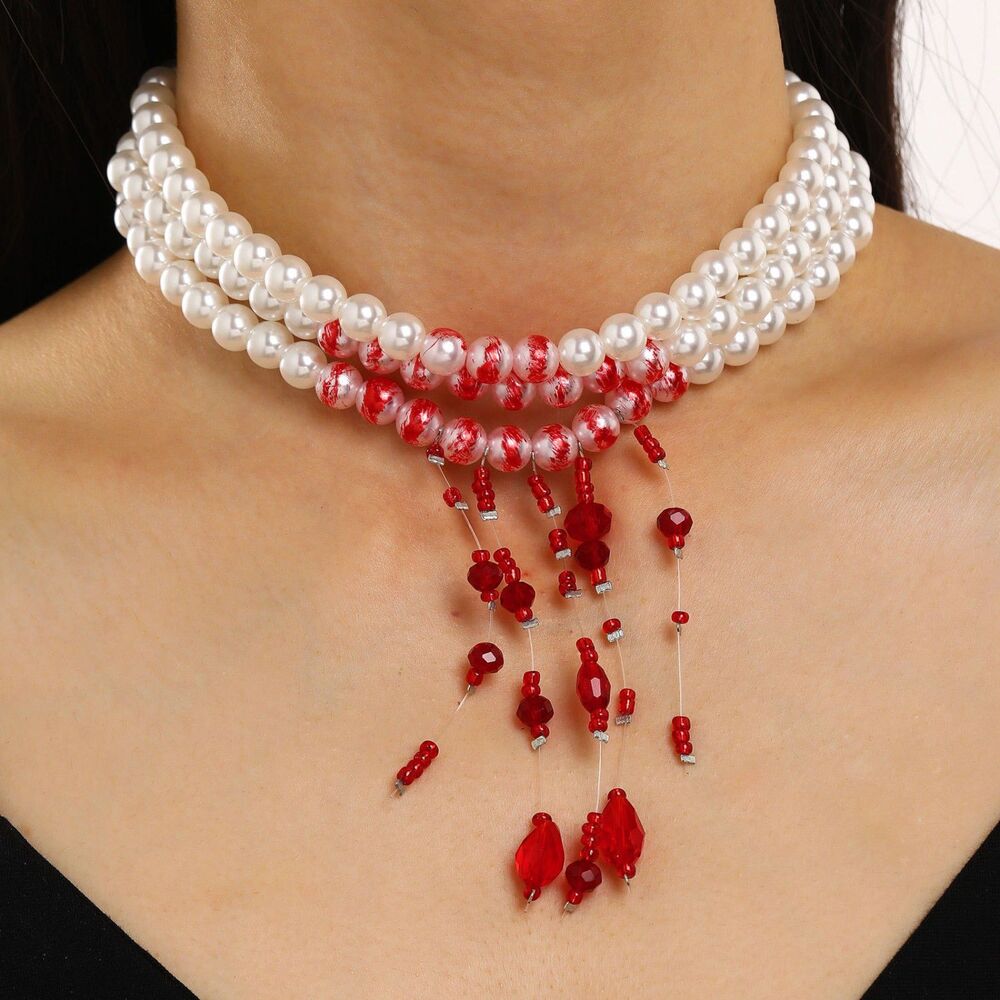 New Halloween Bloody Pearl Beaded Choker Necklace Red Tassel